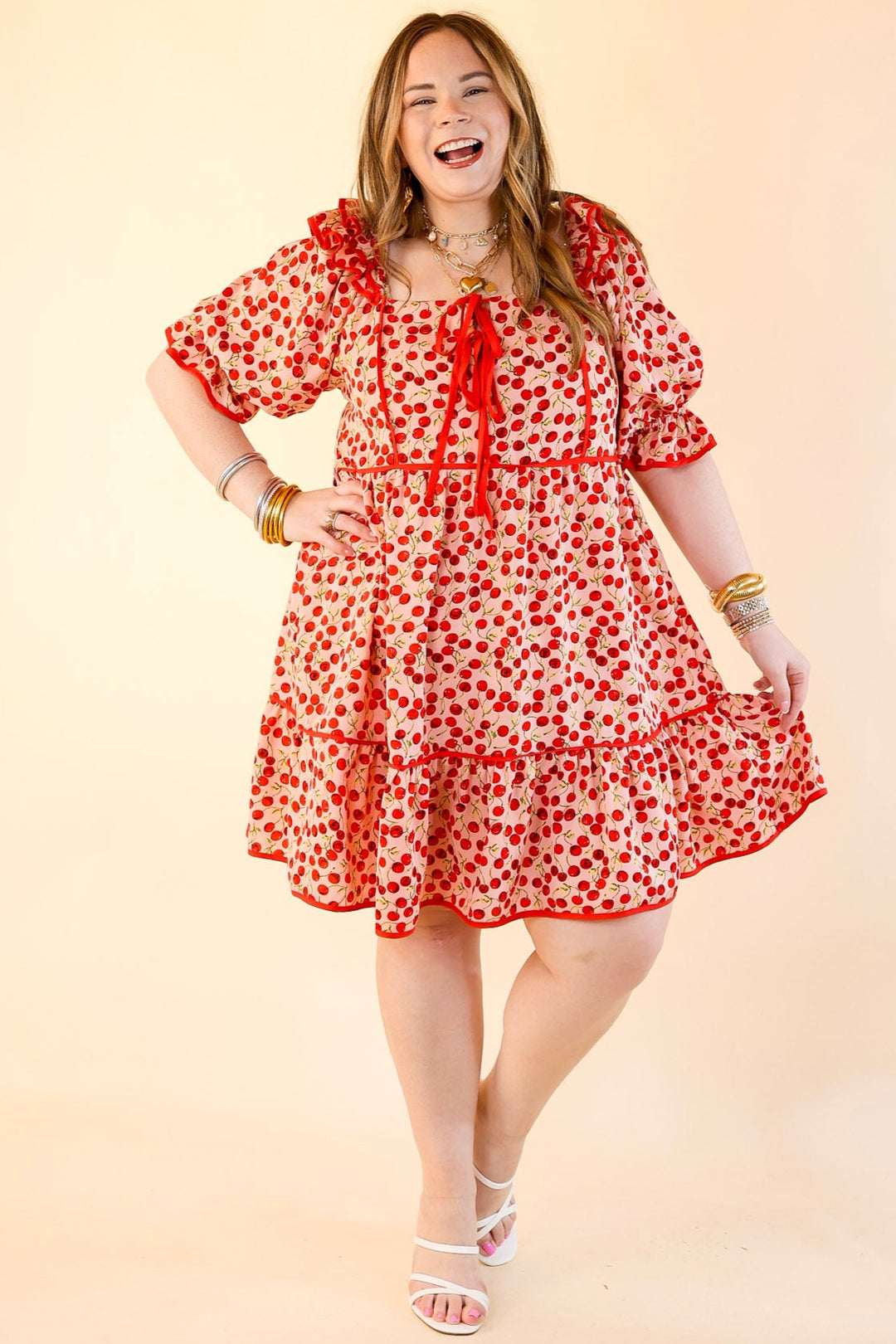 Cherry on Top Puff Sleeve Dress in Light Pink and Red