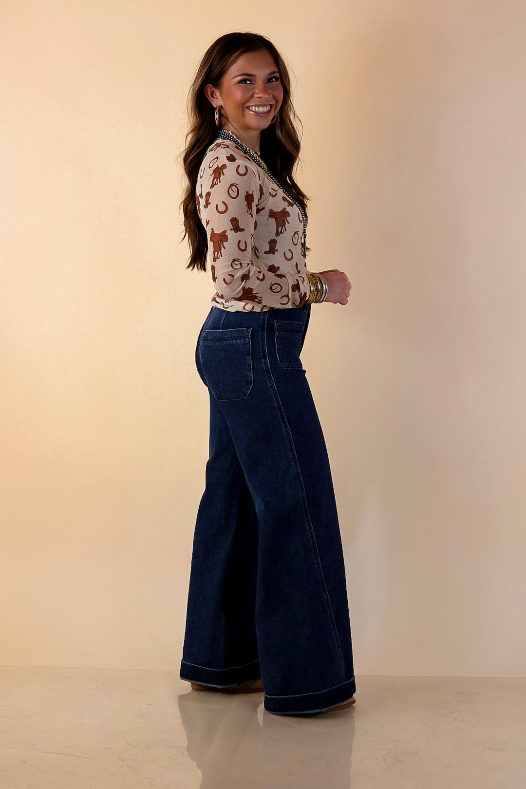 The Perfect Layer Western Icons Print Mesh Long Sleeve Top in Cream and Brown