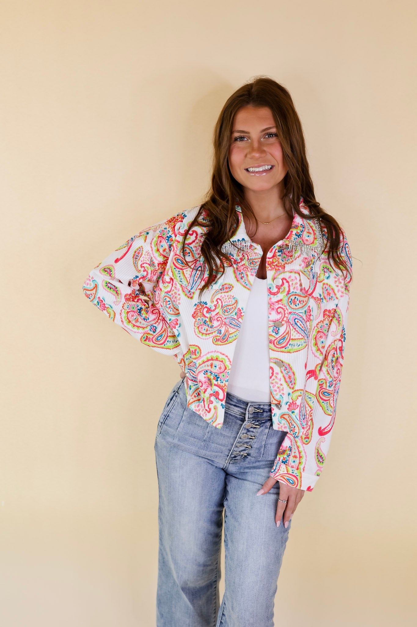 Music For The Soul Button Up Corduroy Paisley Print Jacket with Crystal Fringe in White - Giddy Up Glamour Boutique