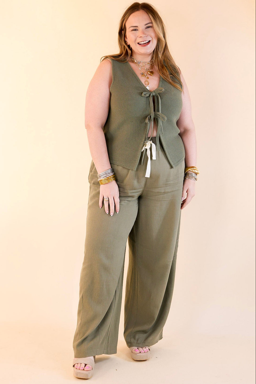 Styled for Success Linen Drawstring Pants in Light Olive Green
