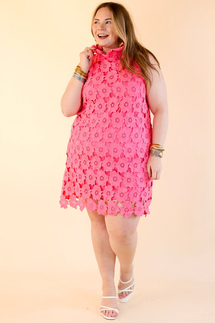 Dressed to Impress Lace Dress with Ruffled Mock Neck in Pink