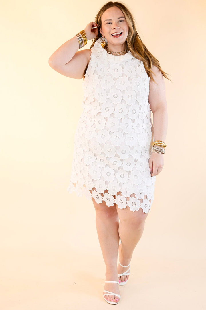 Dressed to Impress Lace Dress with Ruffled Mock Neck in Off White