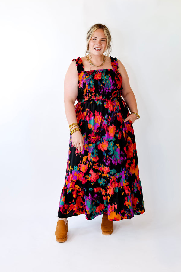 My Night Out Smocked Bodice Dress with Multicolor Abstract Print in Black