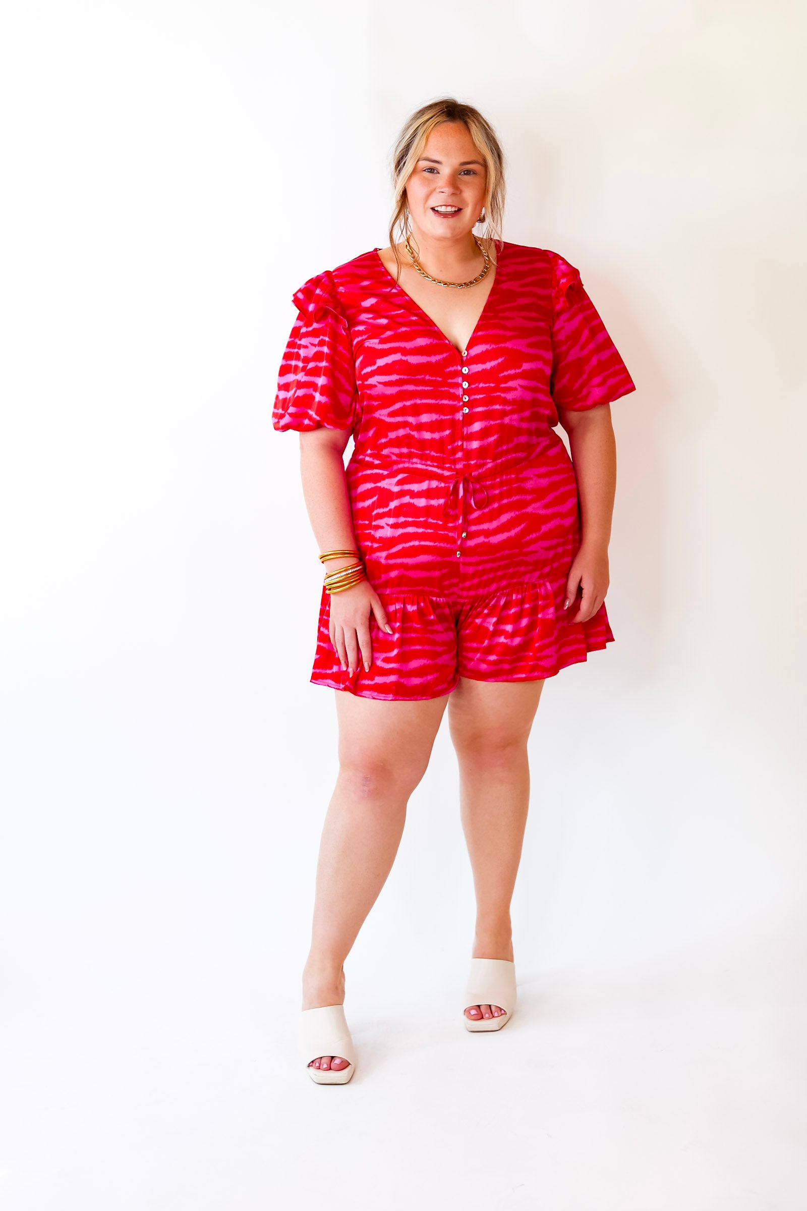 Head Turner Animal Print Romper in Pink and Red - Giddy Up Glamour Boutique