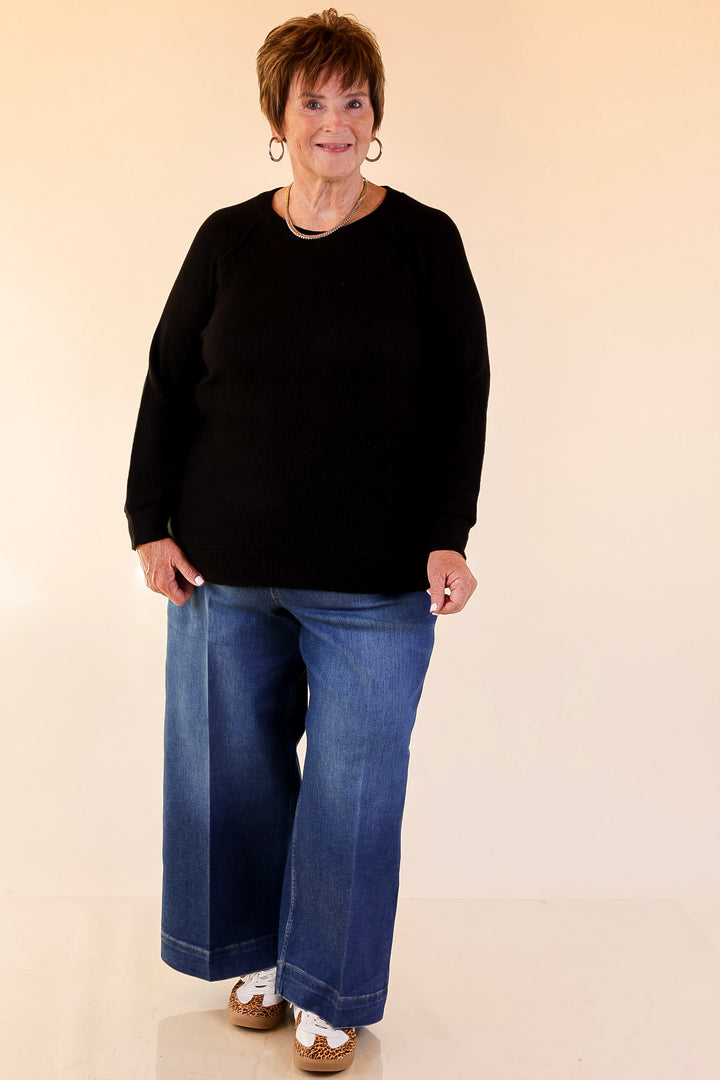 Essentially Chic Waffle Knit Long Sleeve Scoop Neck Top in Black