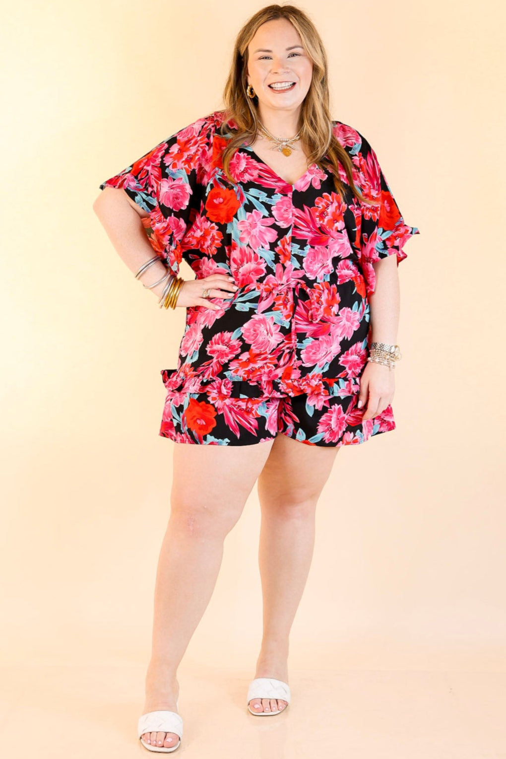 Sending Good Luck Floral Print Drawstring Romper in Black