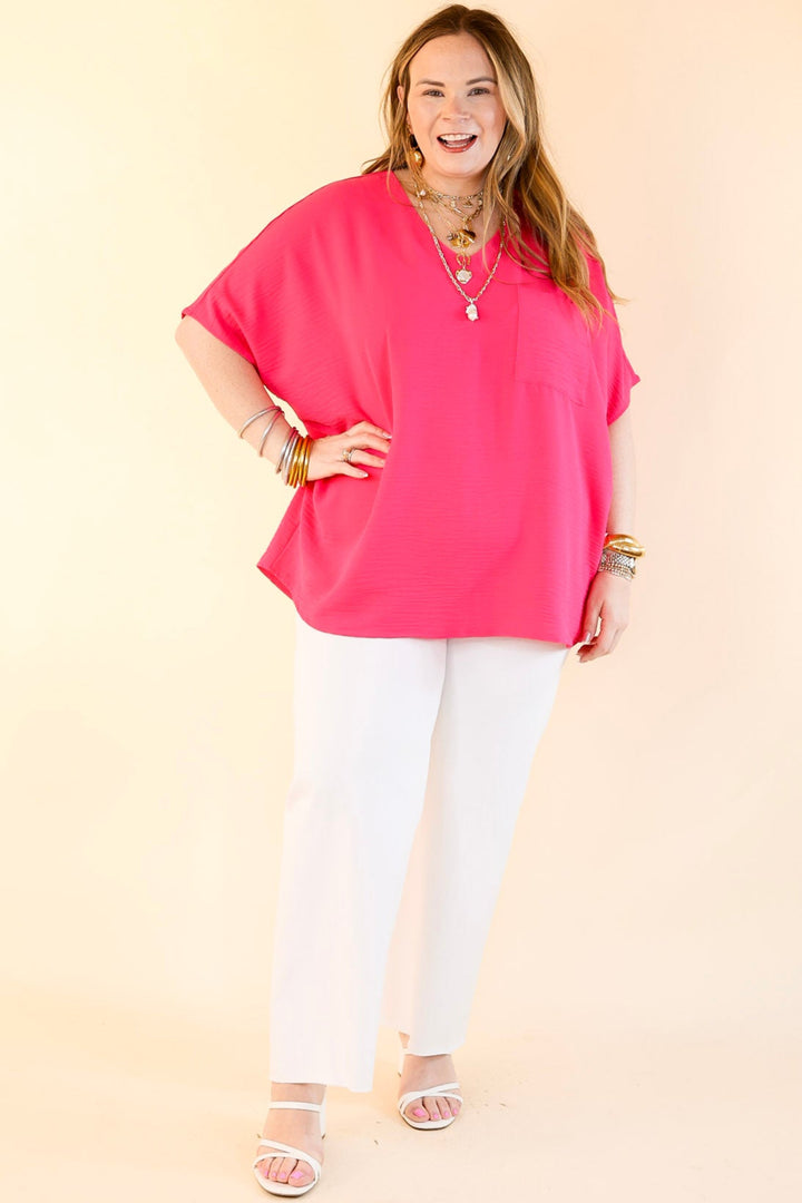 Try To Resist Short Sleeve V Neck Top with Front Pocket in Hot Pink