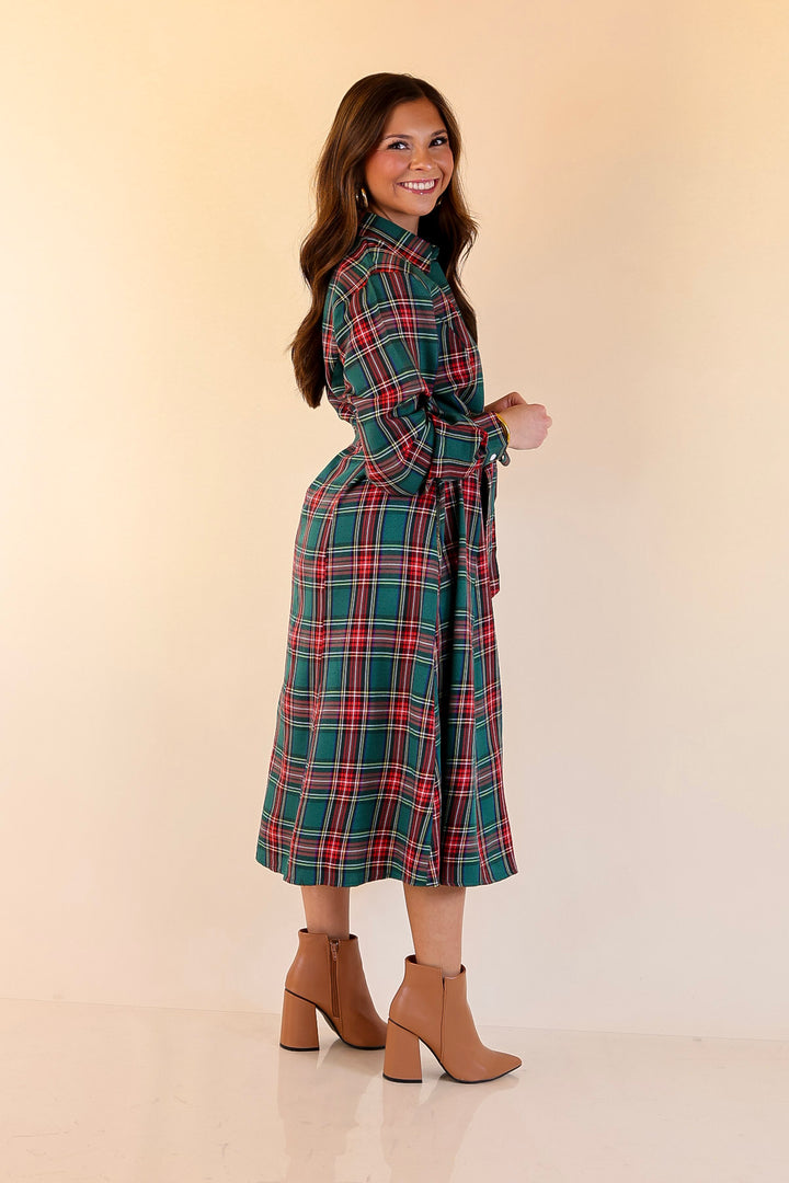 Polished Presence Long Sleeve Plaid Button Up Collared Midi Dress in Green