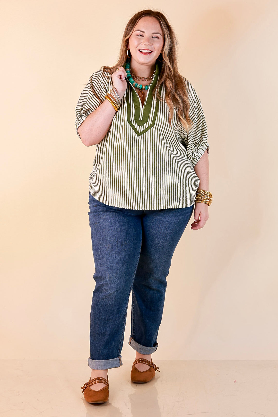 Naturally Stylish Stripe Top with Contrast Stripe Trim and Short Dolman Sleeves in Olive Green