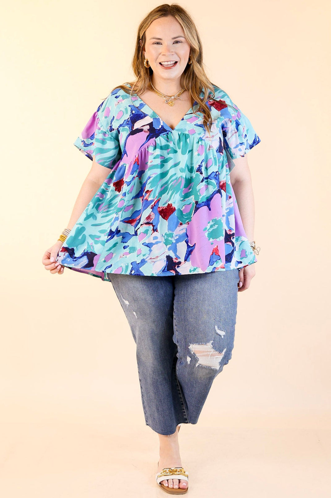 You Had Me At Aloha Watercolor Floral Top with V Neckline in Aqua Mix