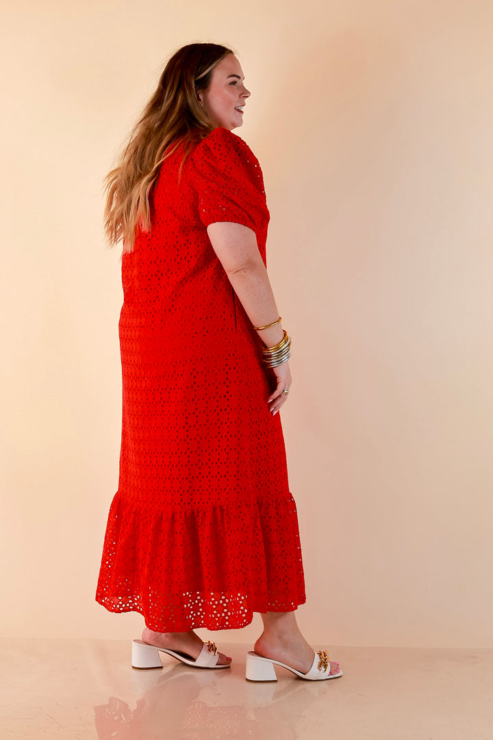 Meet Me at Sunset Eyelet Lace Puff Sleeve Tiered Maxi Dress in Red