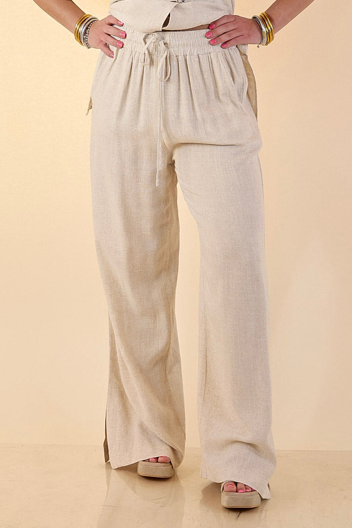 Styled in Comfort Linen Wide Leg Drawstring Pants in Oatmeal Beige
