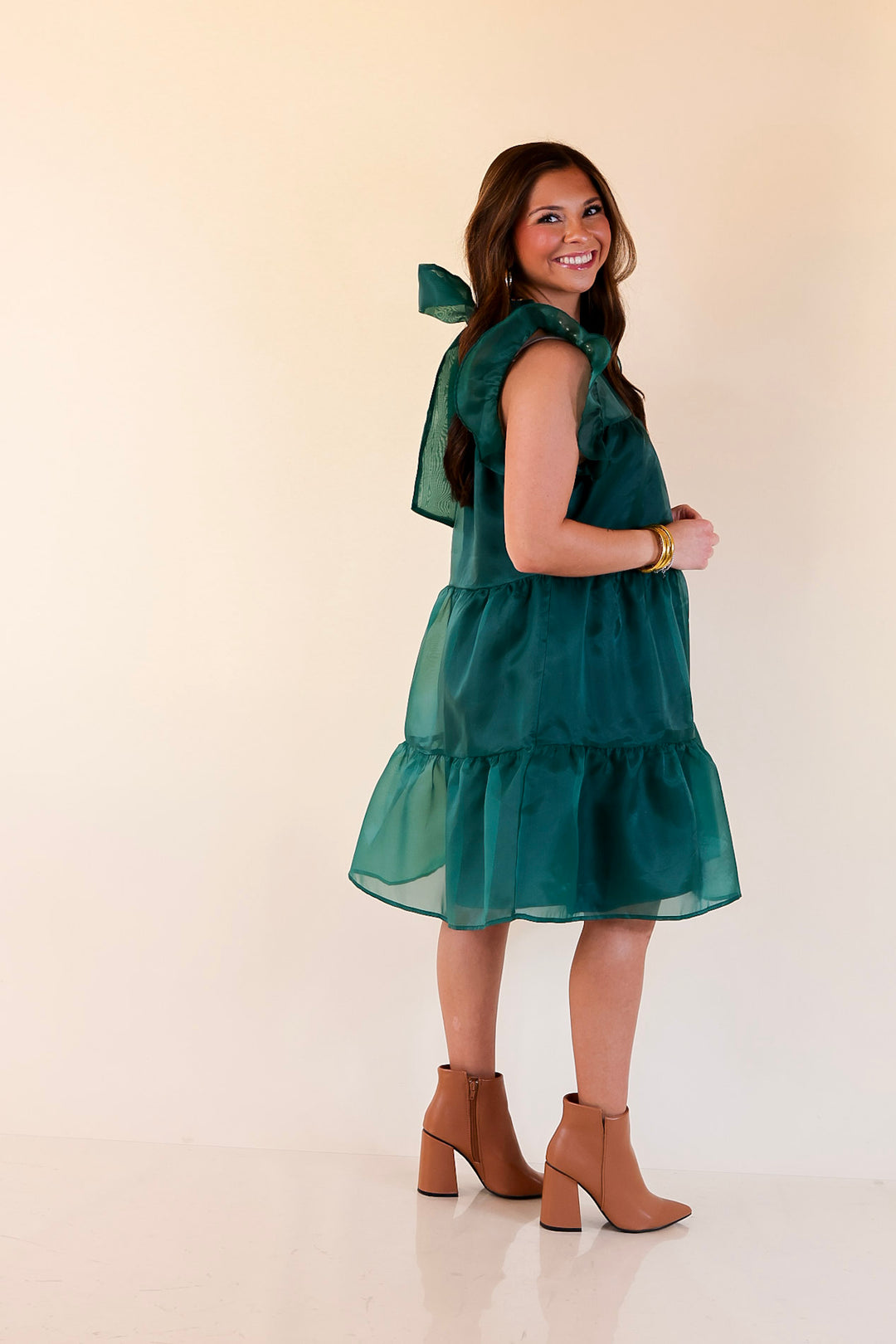 Mud Pie | Jane High Neck Sheer Tulle Ruffle Tiered Dress in Forest Green