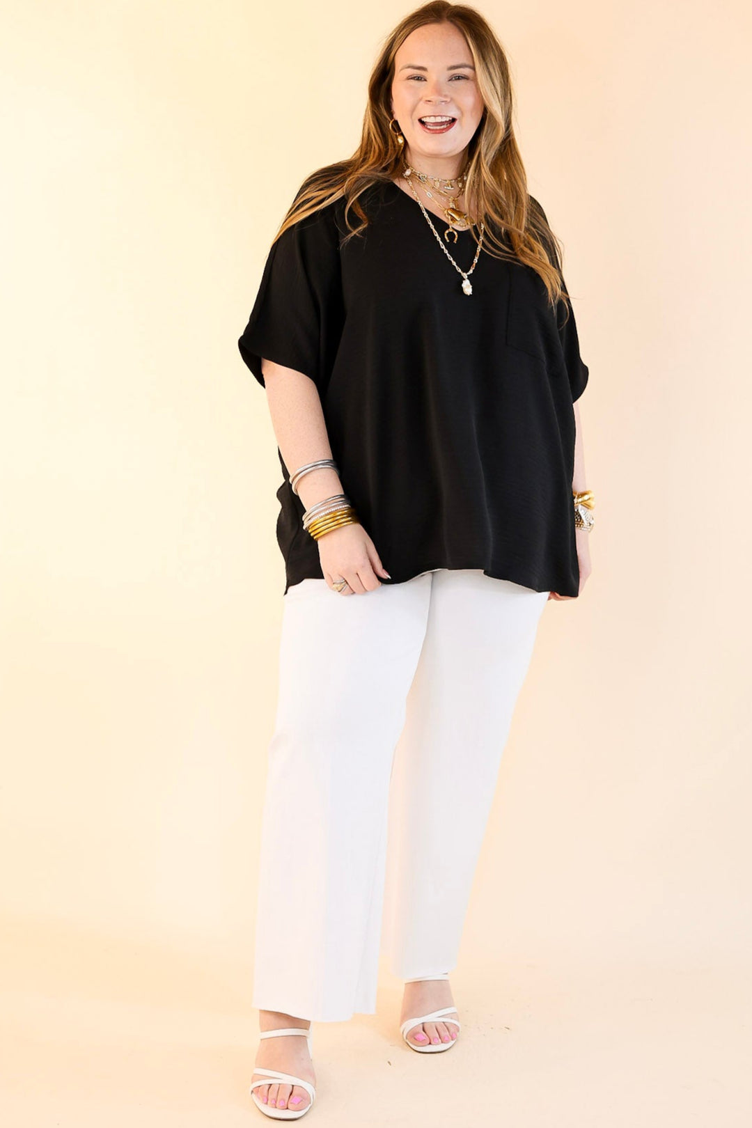 Try To Resist Short Sleeve V Neck Top with Front Pocket in Black