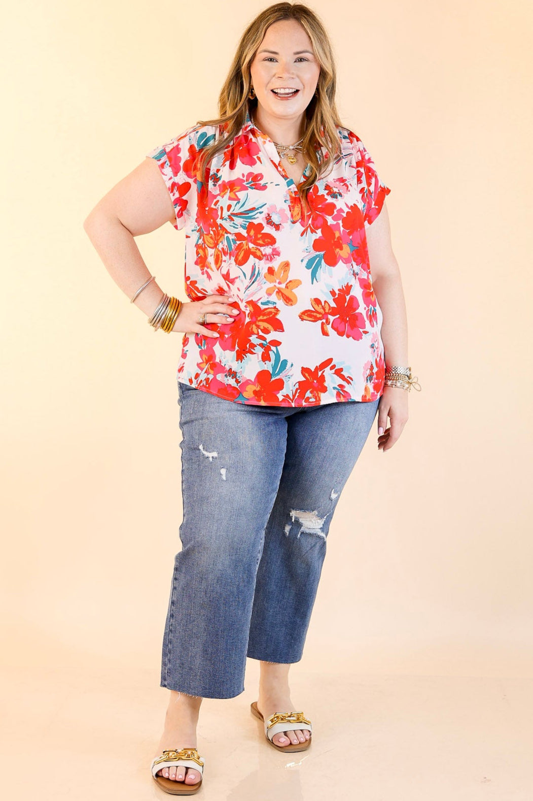 Summer Lover Floral Half Button Up Top with Short Sleeves in Red Mix