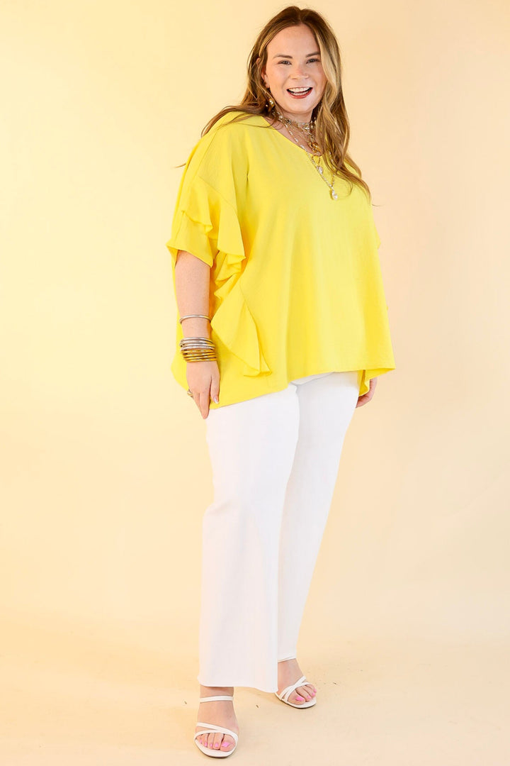 Sip of Spring Ruffle Sleeve Shift Top with V Neckline in Lemon Yellow