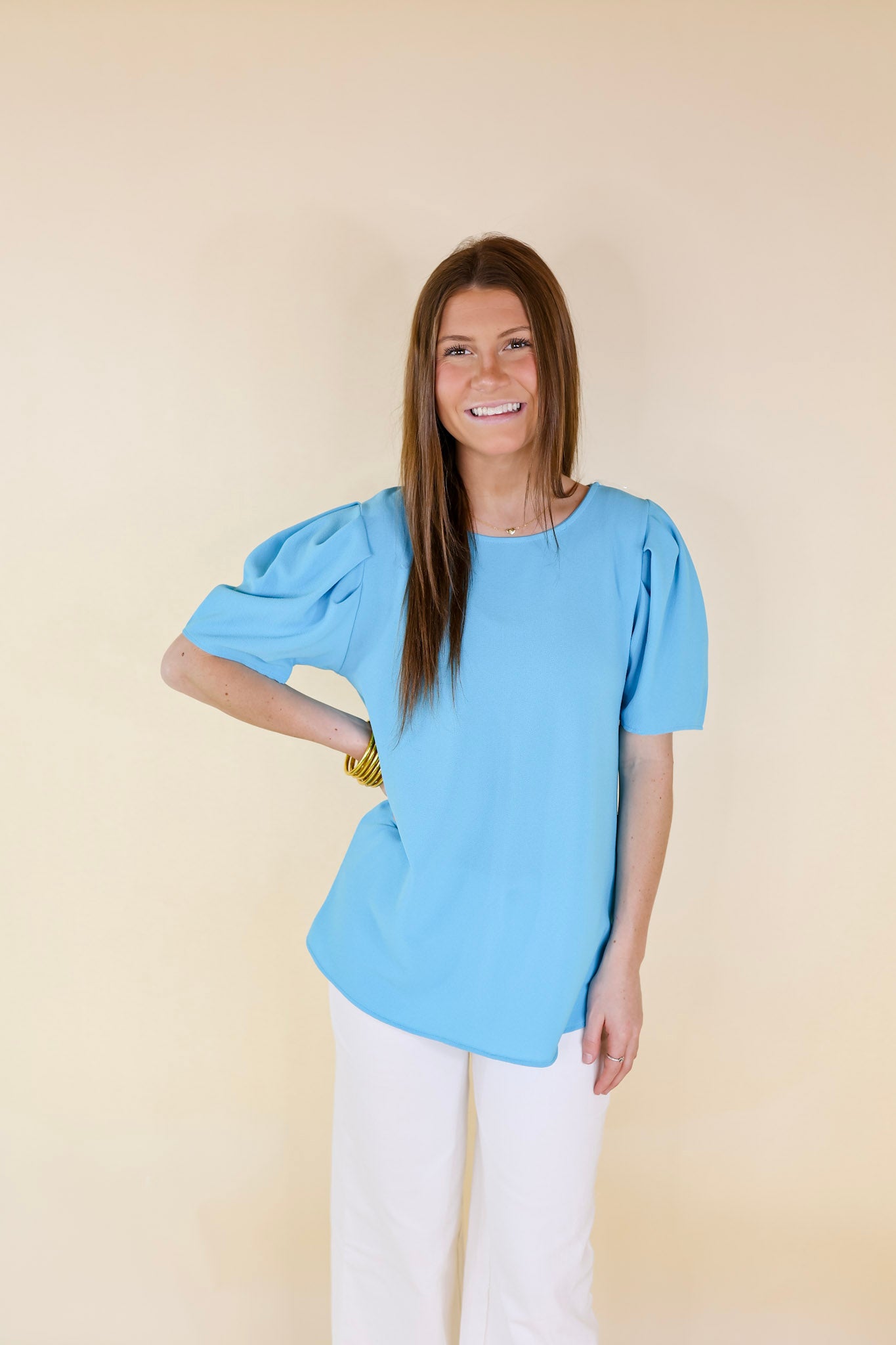 Share The Love Pleated Short Sleeve Top in Blue - Giddy Up Glamour Boutique