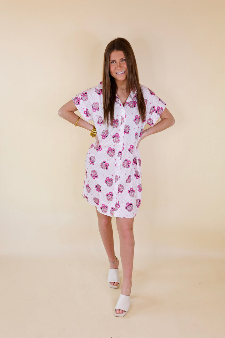 The Cowgirl Way Short Sleeve Button Up Disco Ball Cowboy Hat Dress in Hot Pink - Giddy Up Glamour Boutique