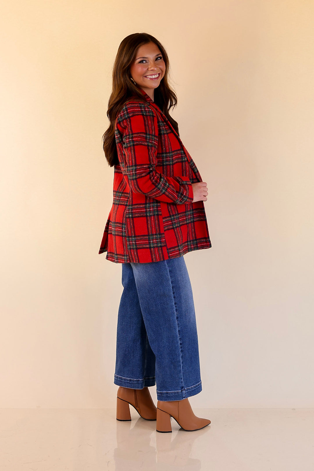 Season to Shine Long Sleeve Tartan Plaid Blazer in Red