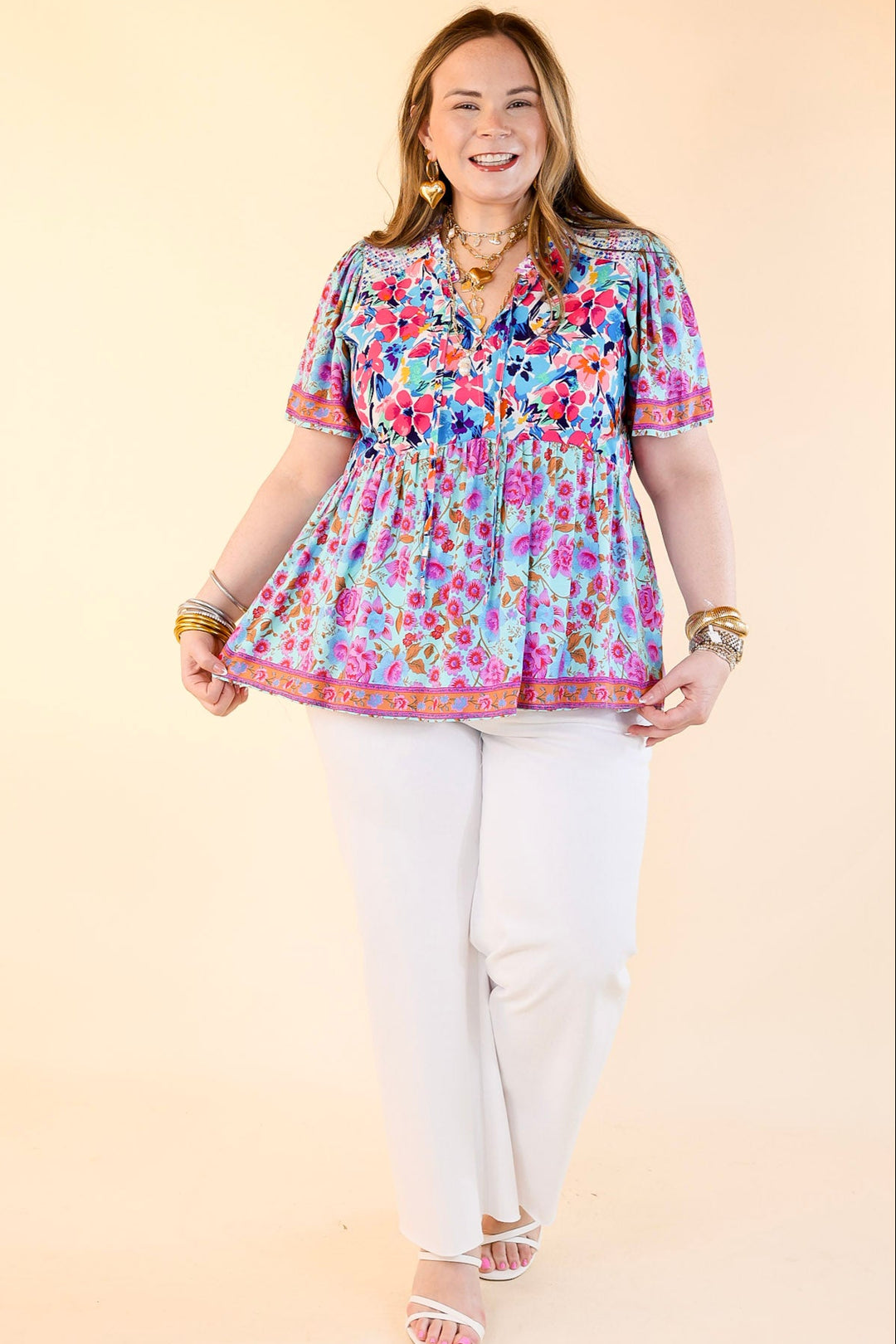 Tulip Fields Floral Print Babydoll Top in Mint Mix