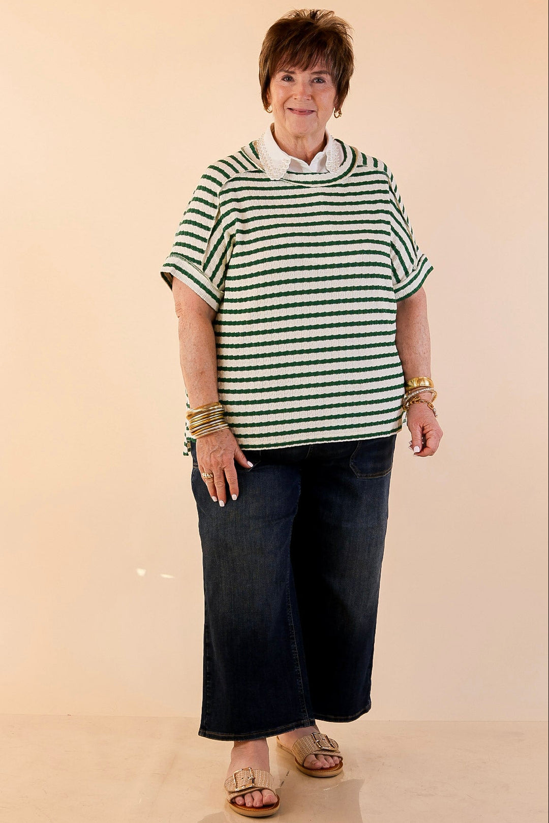 On The Daily Scoop Neck Short Sleeve Striped Textured Top in Kelly Green
