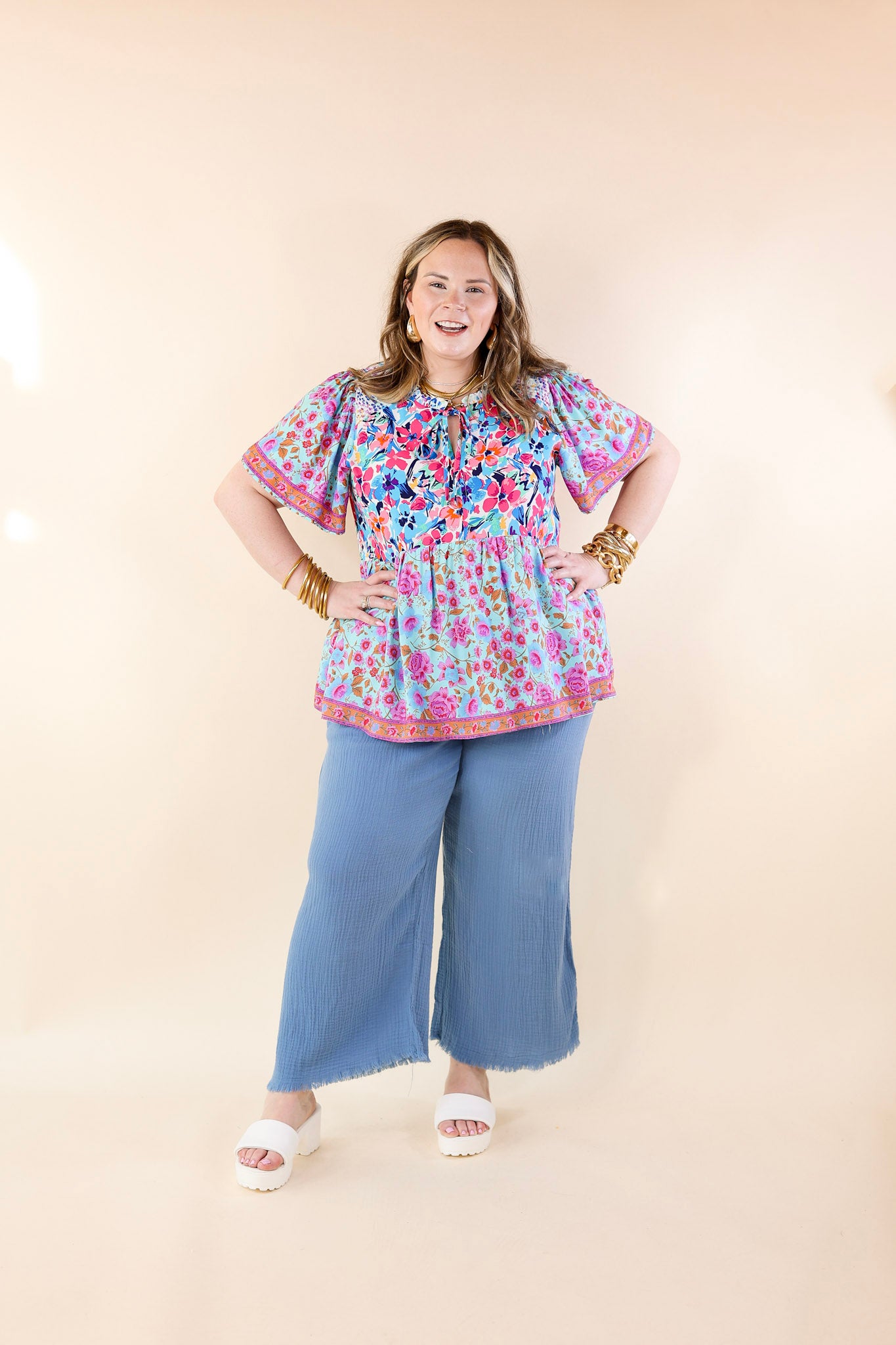 Right On Cue Elastic Waistband Cropped Pants with Frayed Hem in Light Blue - Giddy Up Glamour Boutique