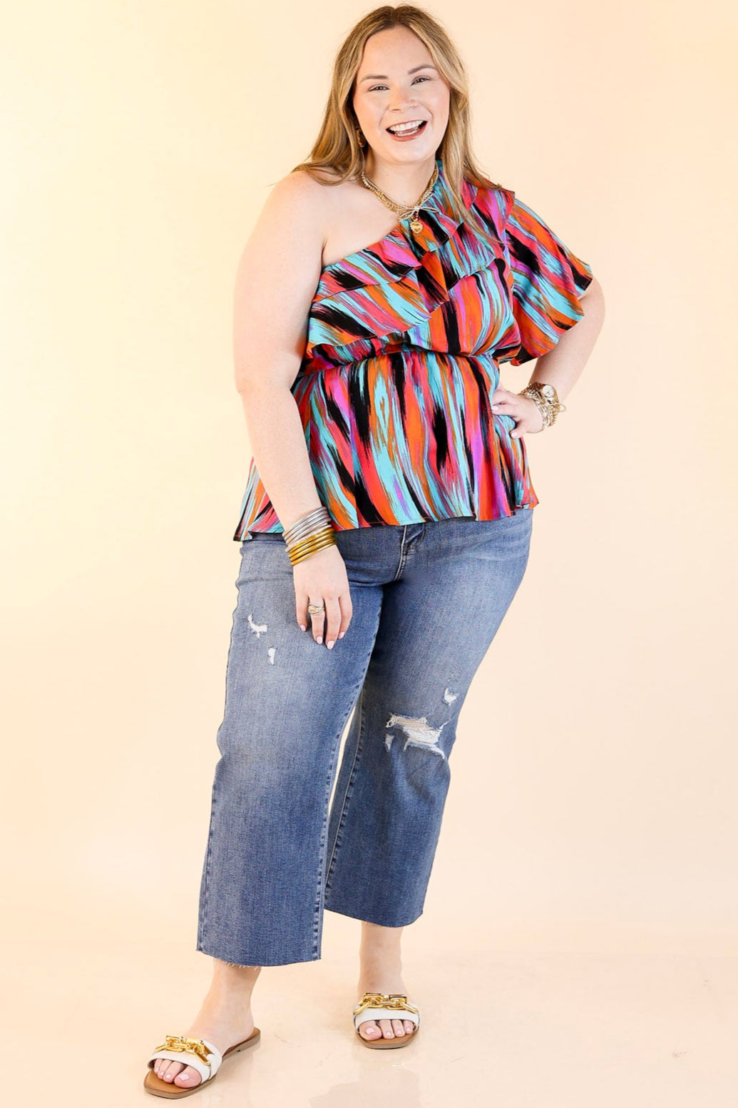Worth Staying One Shoulder Watercolor Stripe Top in Turquoise and Red Mix