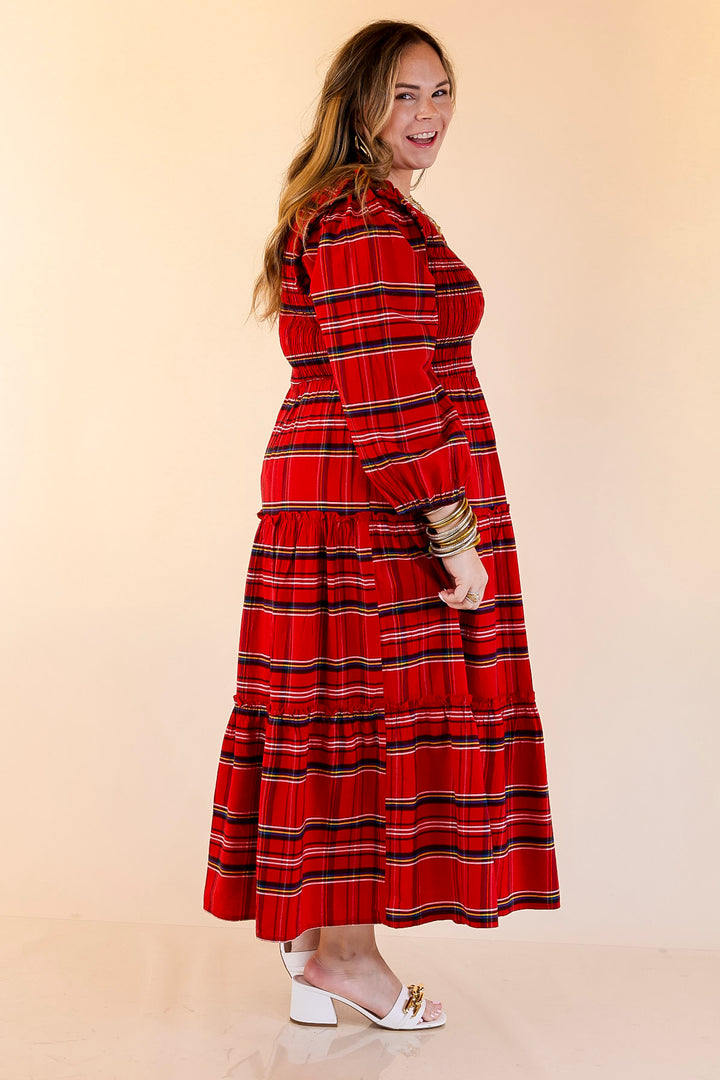 Mud Pie | Walton Smocked Bodice Long Sleeve Plaid Midi Dress with Tiered Skirt in Red