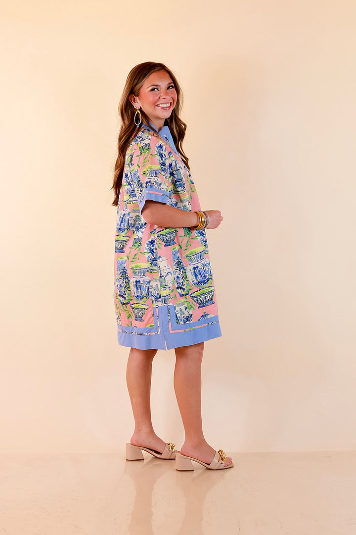 Postcards from Paradise Vase Print Contrast Trim Shift Dress in Coral Pink Multi