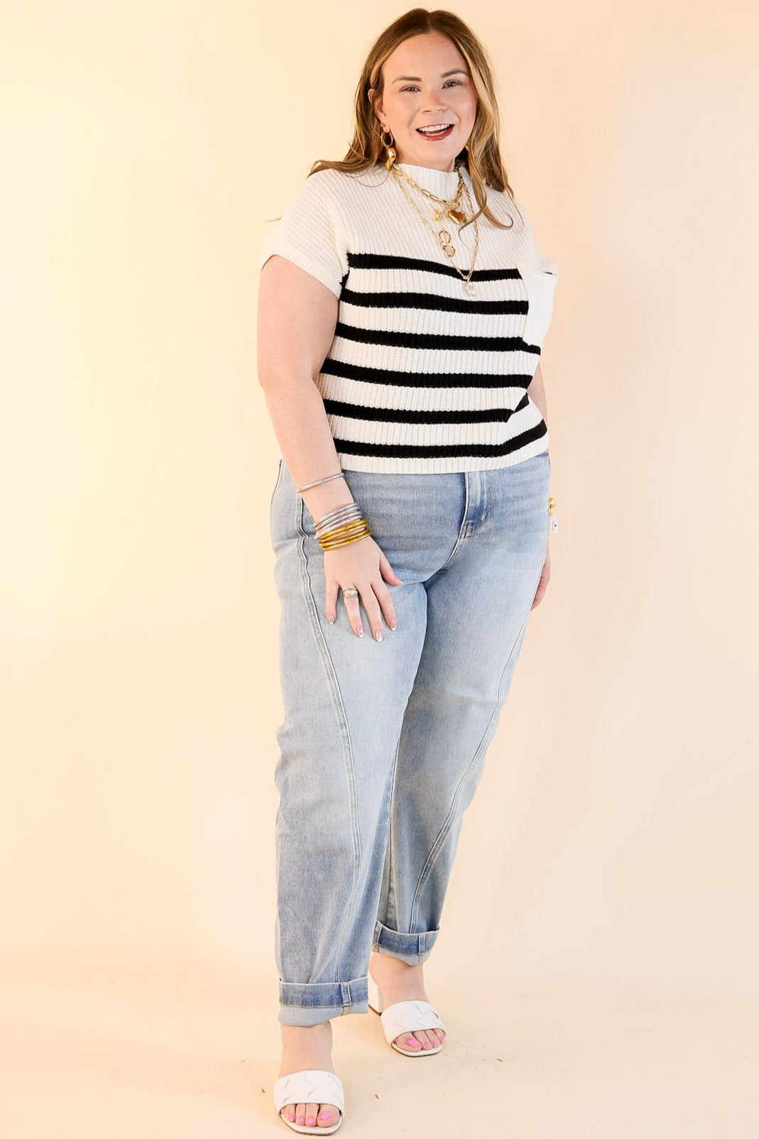 Repeat Worthy Striped Cap Sleeve Cropped Sweater with Front Pocket in Ivory