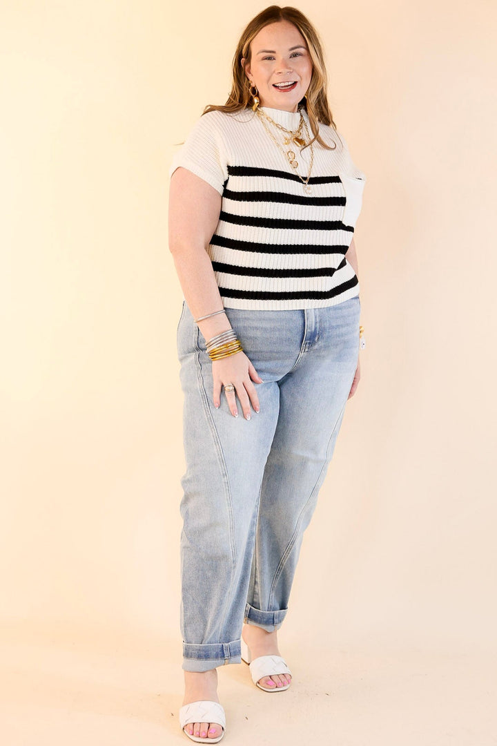 Repeat Worthy Striped Cap Sleeve Cropped Sweater with Front Pocket in Ivory