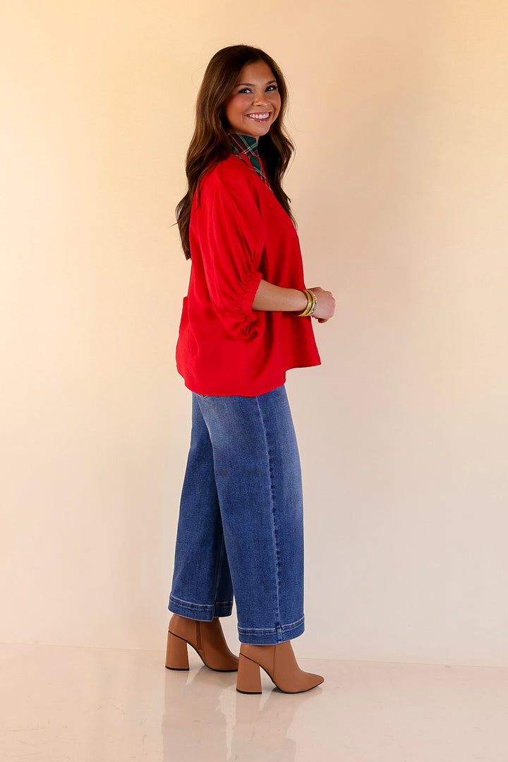 Naturally Stylish Poncho Top with Green Plaid Trim in Red