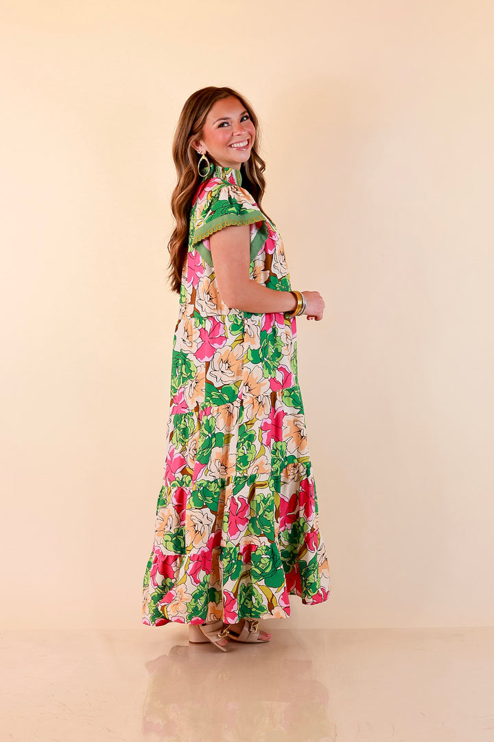 Spring Symphony Floral Print Tiered Midi Dress with Flutter Sleeves in Pink and Green