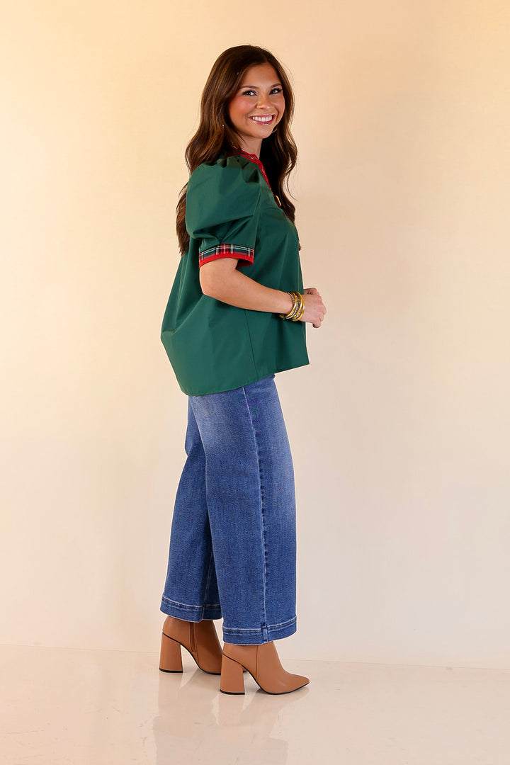 Commanding Style V Neck Top with Short Balloon Sleeves and Plaid Trim in Hunter Green