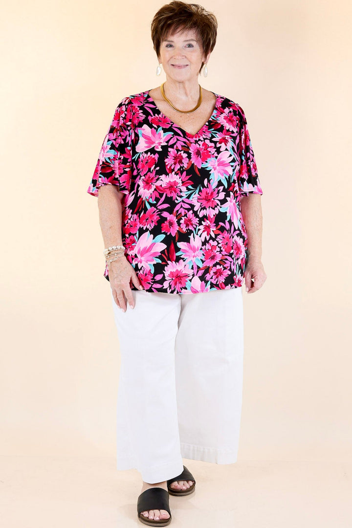 Giving You More Pink Floral Print V Neck Blouse in Black