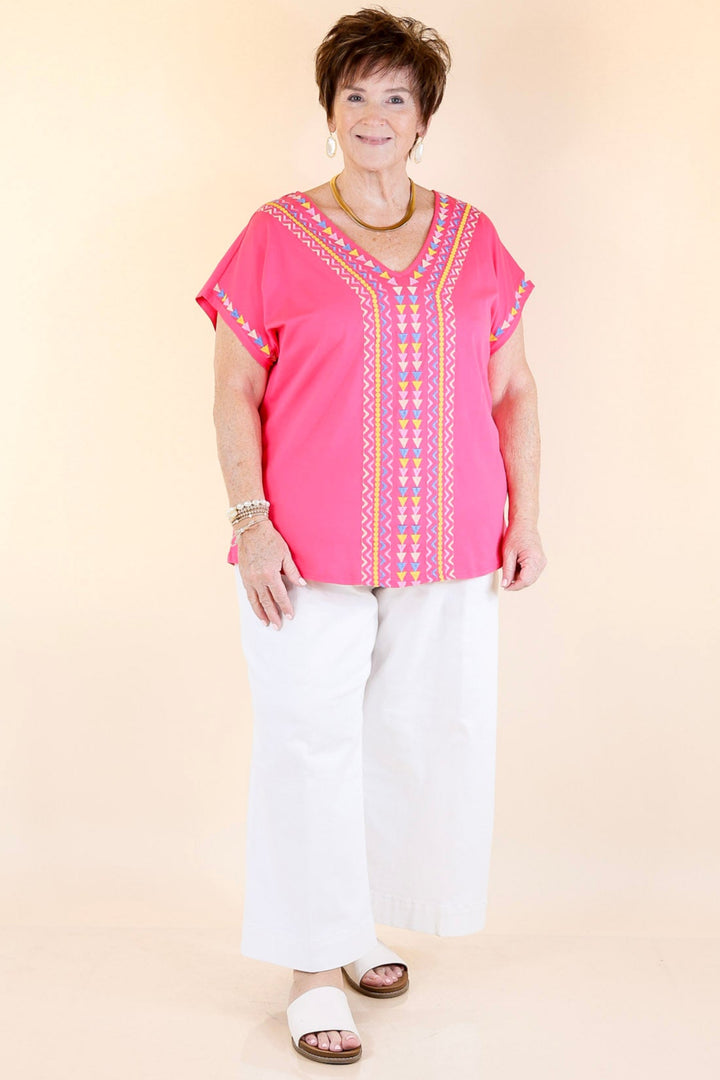 Paradise Found Embroidered Short Sleeve Top with V Neckline in Pink