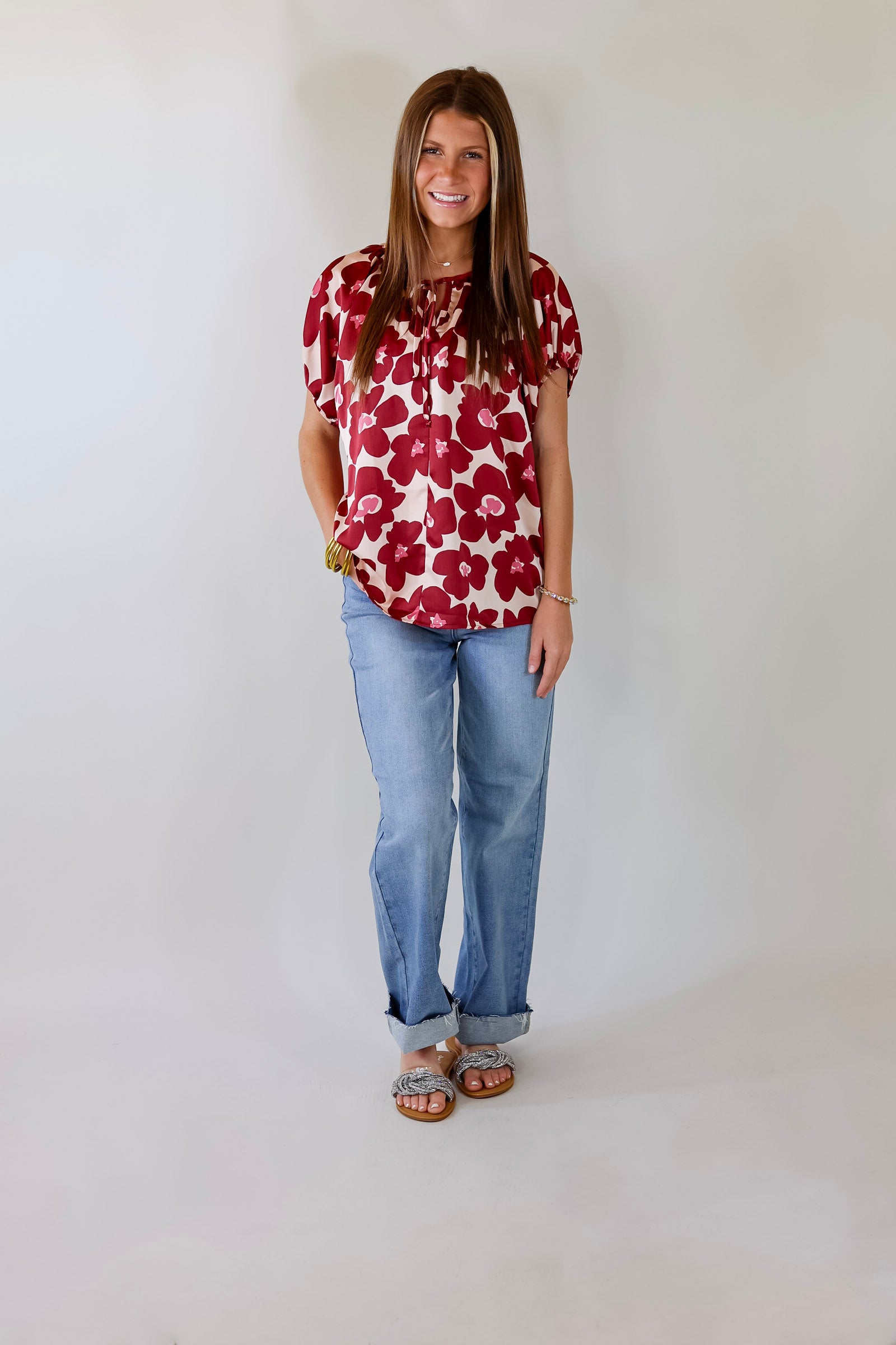 Counting Kisses Short Sleeve Floral Top with Keyhole in Maroon - Giddy Up Glamour Boutique