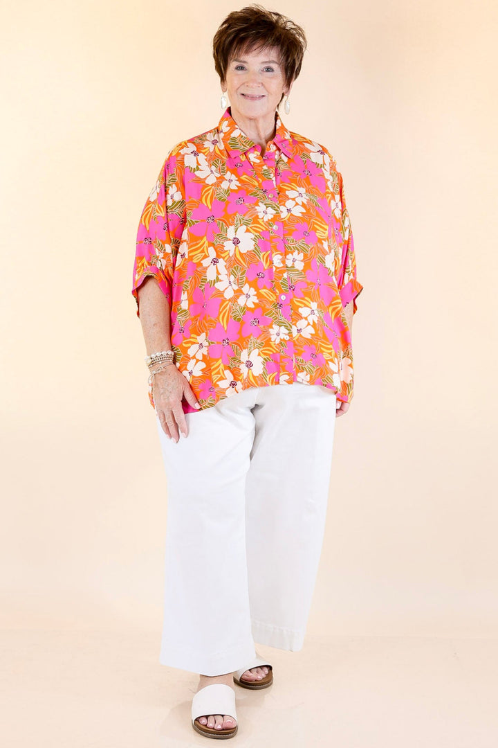 Bright Lifestyle Button Up Half Sleeve Floral Poncho Top in Orange Mix