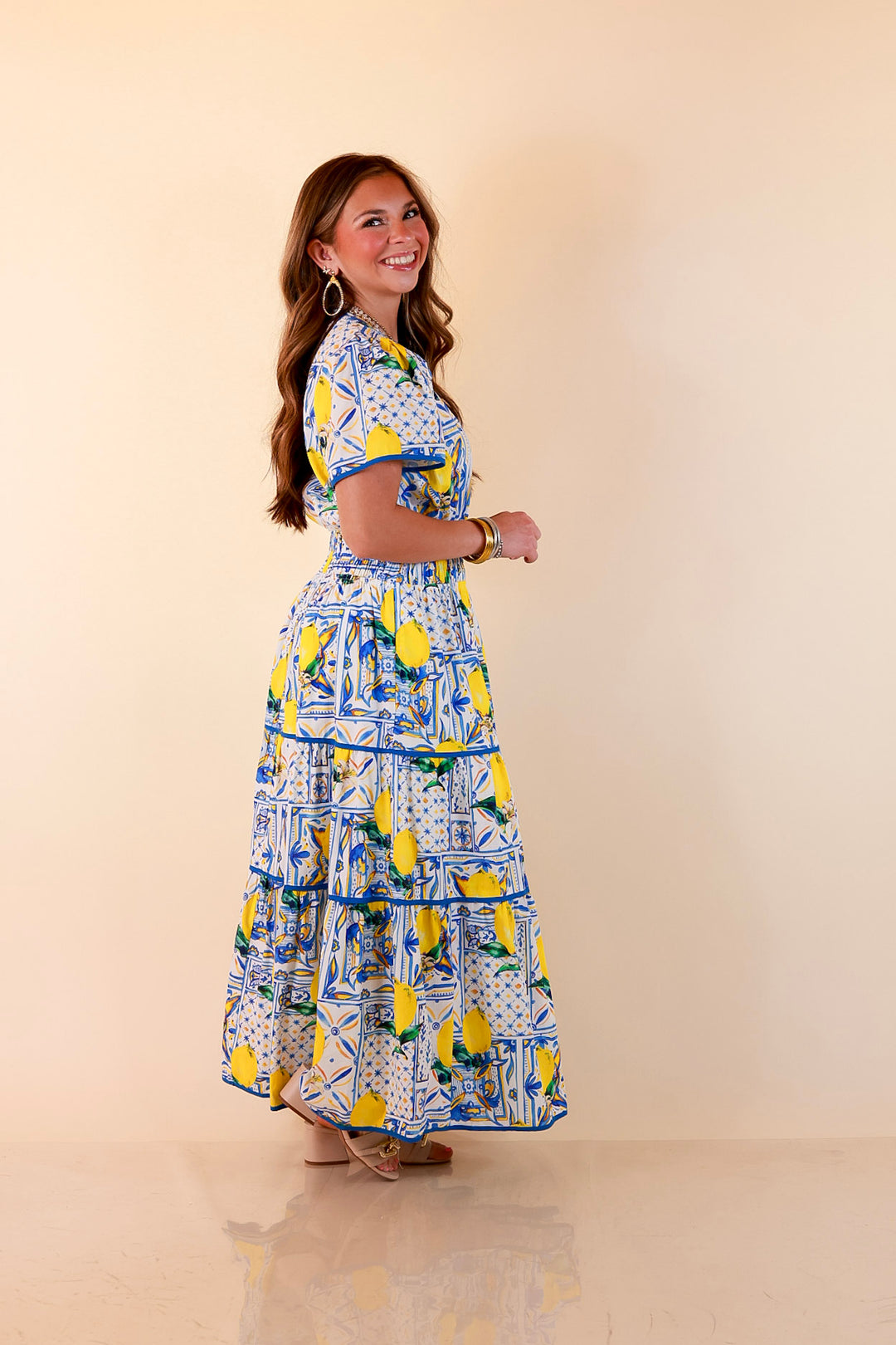 Villa Views Lemon and Tile Abstract Print Tiered Midi Dress in Blue and Yellow