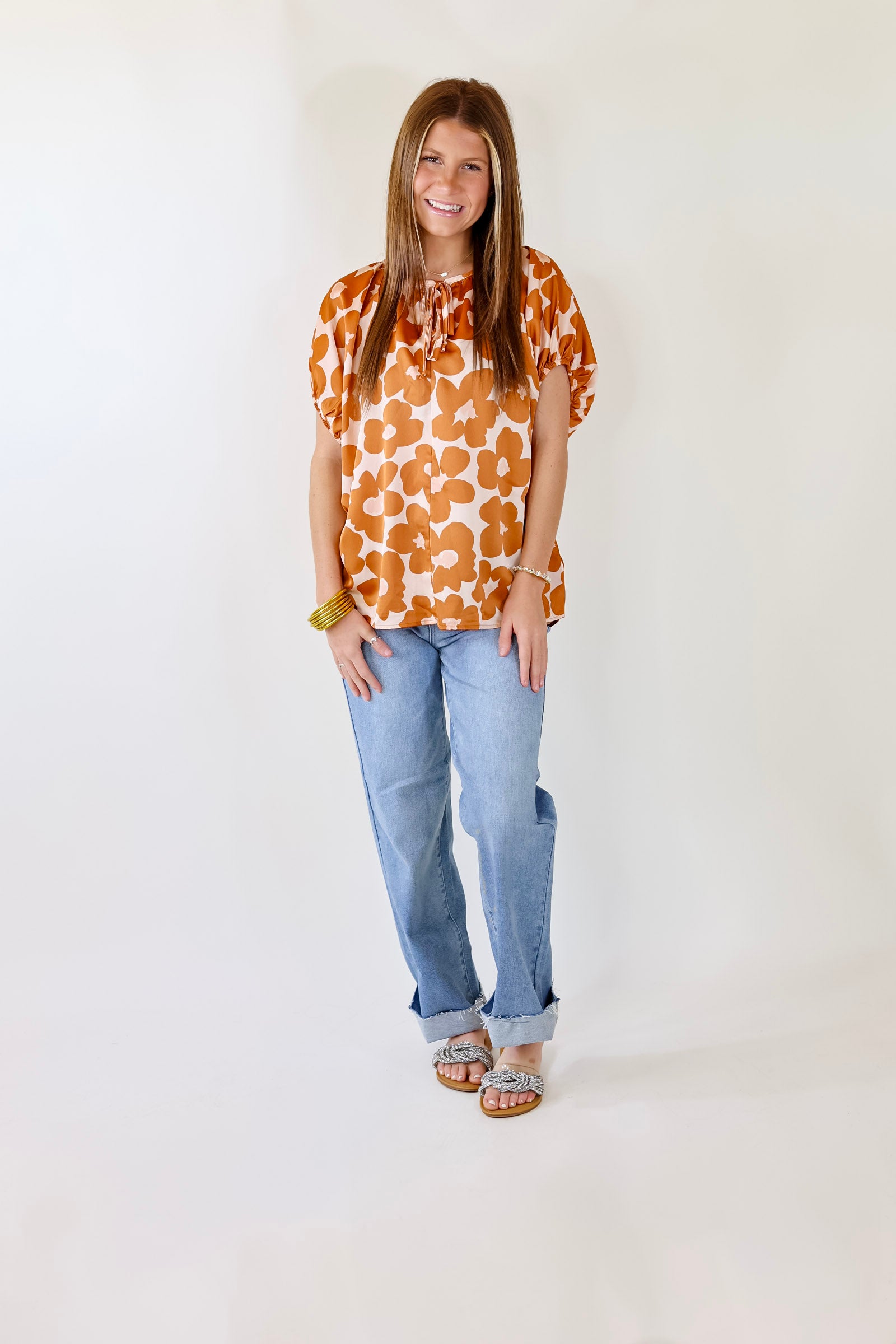 Counting Kisses Short Sleeve Floral Top with Keyhole in Copper - Giddy Up Glamour Boutique