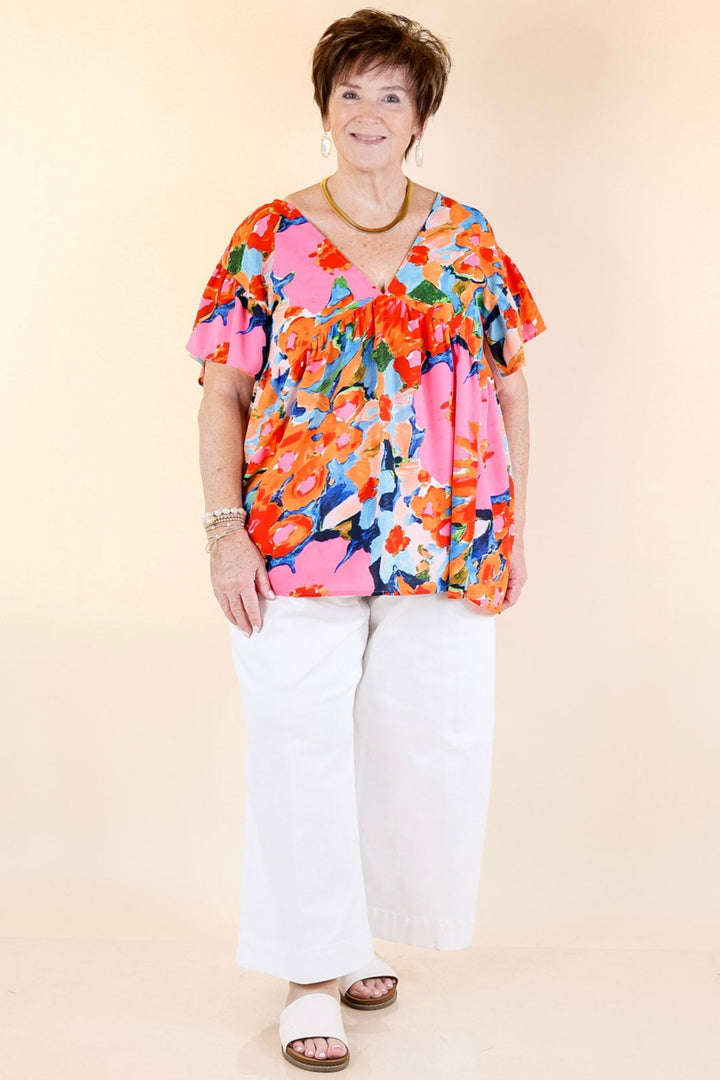 You Had Me At Aloha Watercolor Floral Top with V Neckline in Orange Mix