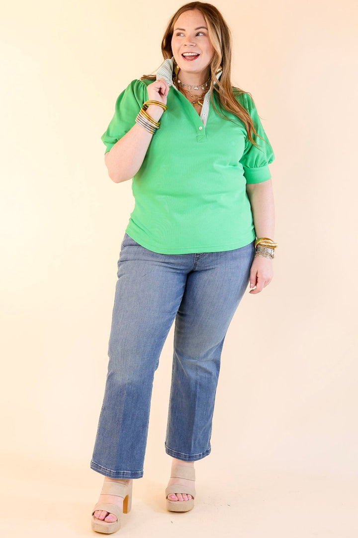 Sleek Sophistication Short Puff Sleeve Top with Striped Collar in Green