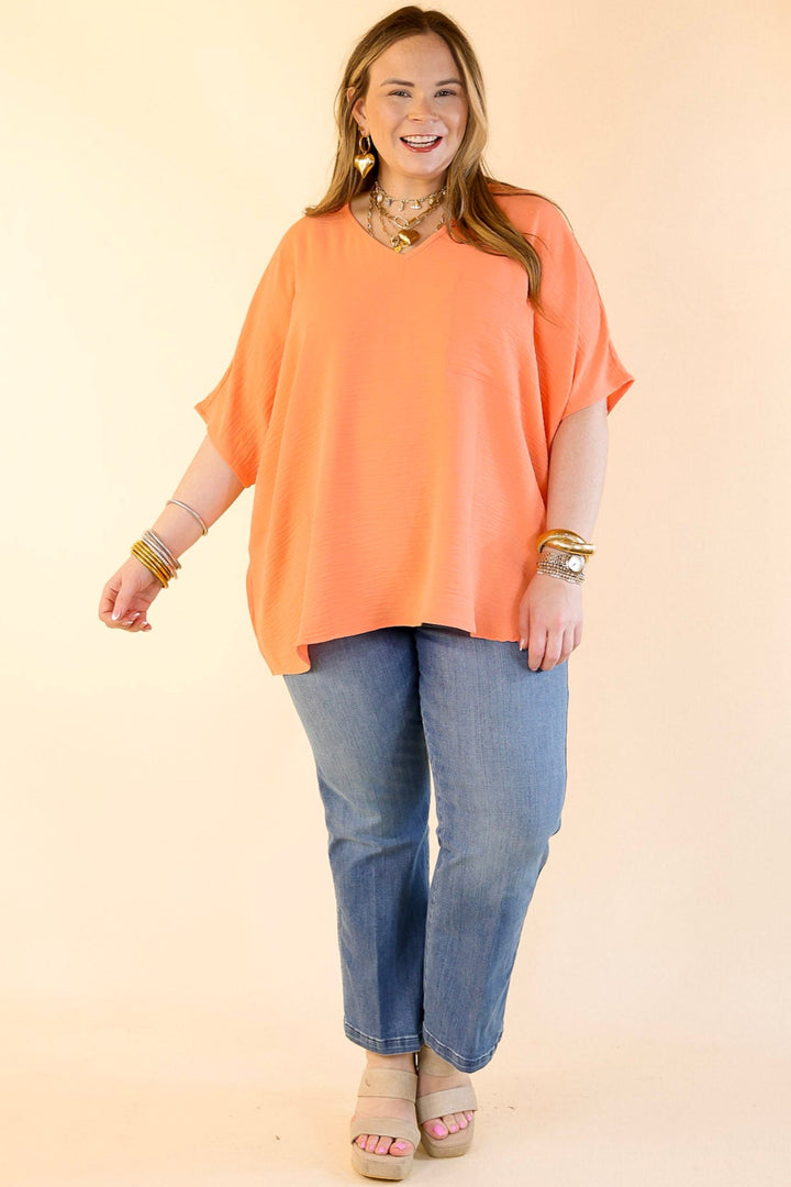Try To Resist Short Sleeve V Neck Top with Front Pocket in Coral