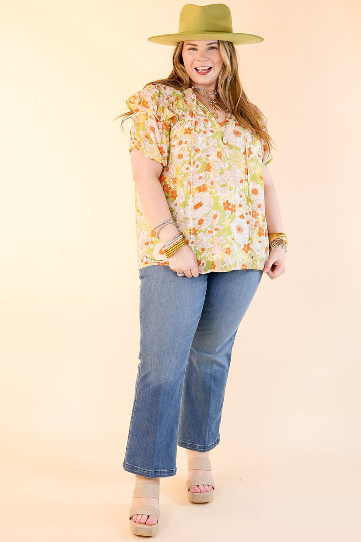 Daily Basis Front Keyhole Floral Top in Ivory and Green