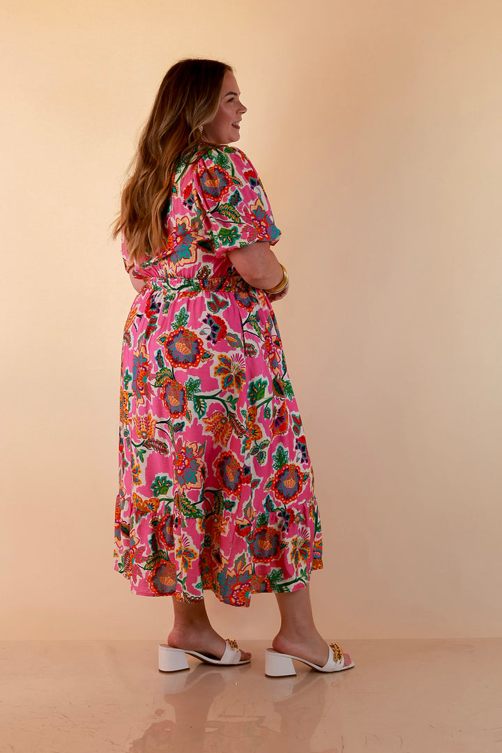 Color Me Happy Floral Print Midi Dress with Tie Neckline and Puff Sleeves in Pink