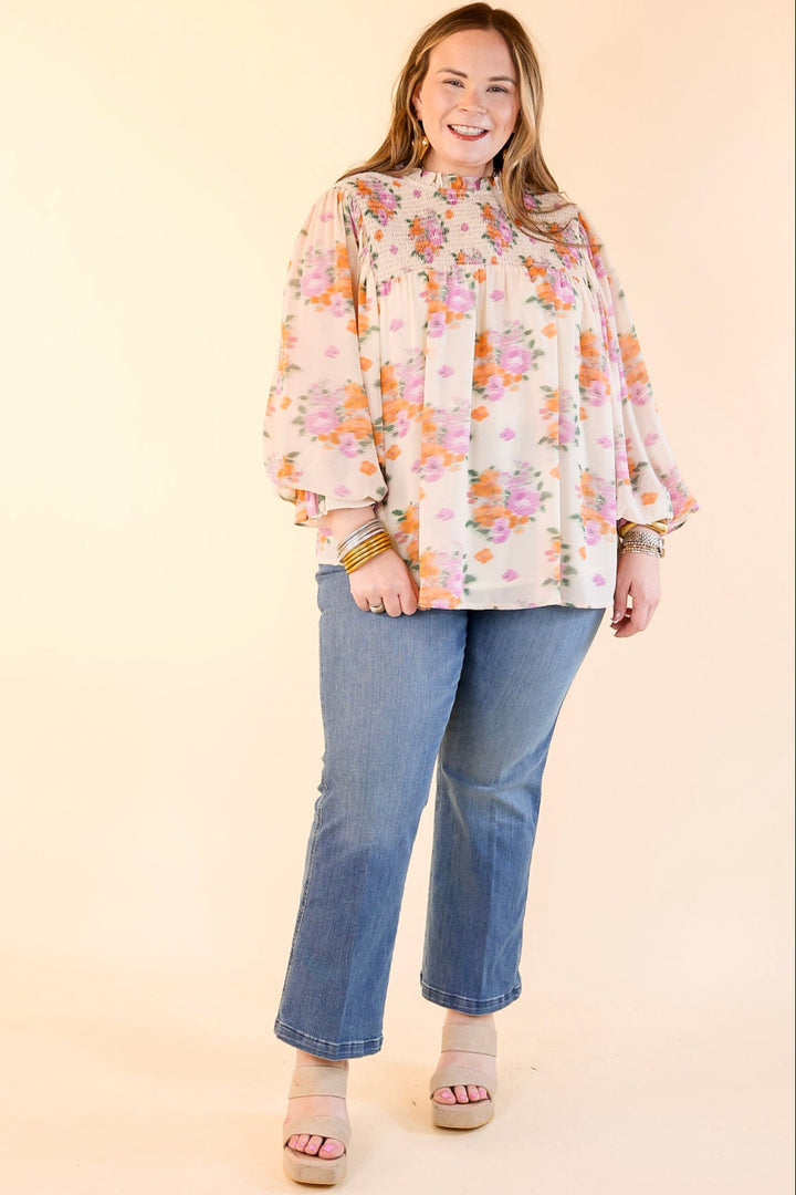 Garden Glow Watercolor Floral Print Blouse with High Neckline in Ivory