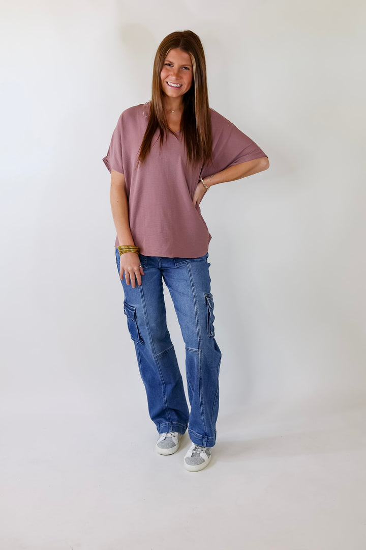 Lovely Dear V Neck Short Sleeve Solid Top in Mauve Purple - Giddy Up Glamour Boutique