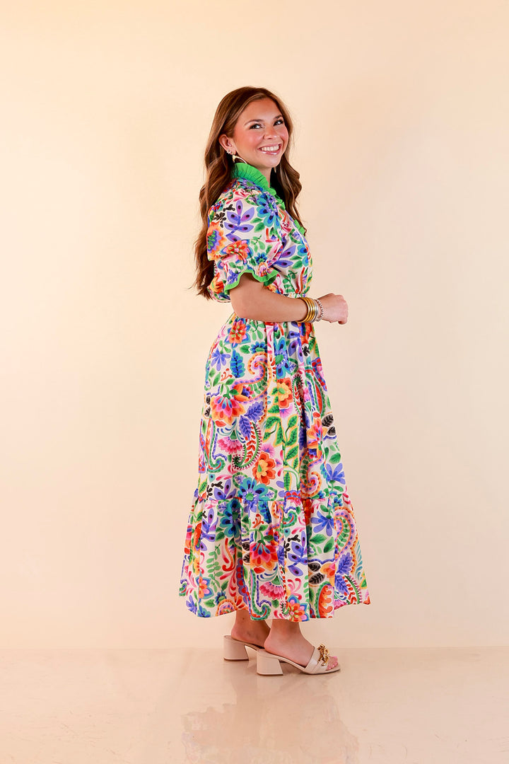 Gracefully Yours Floral and Paisley Print Midi Dress with Contrast Ruffle Trim in Ivory