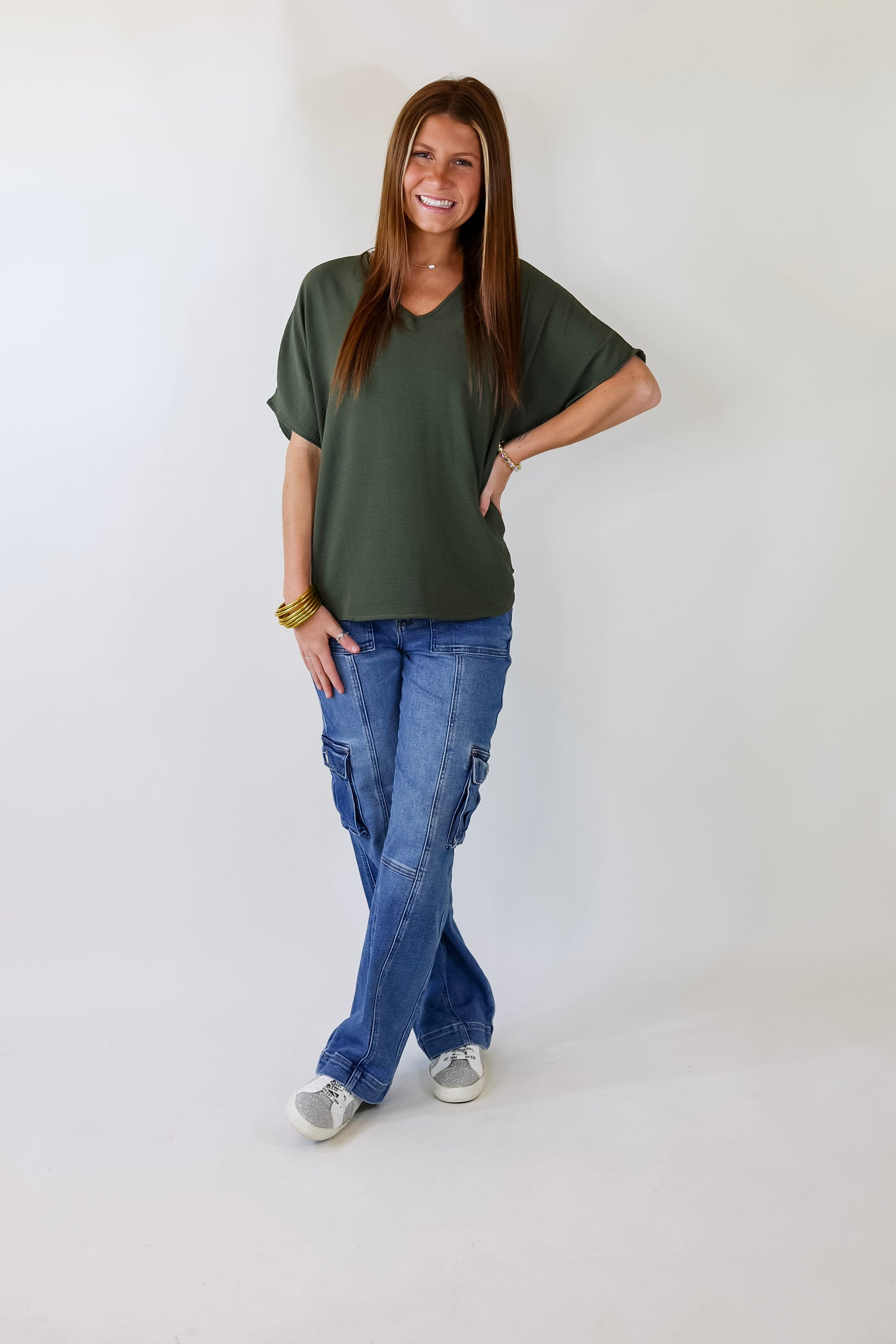 Lovely Dear V Neck Short Sleeve Solid Top in Olive Green - Giddy Up Glamour Boutique