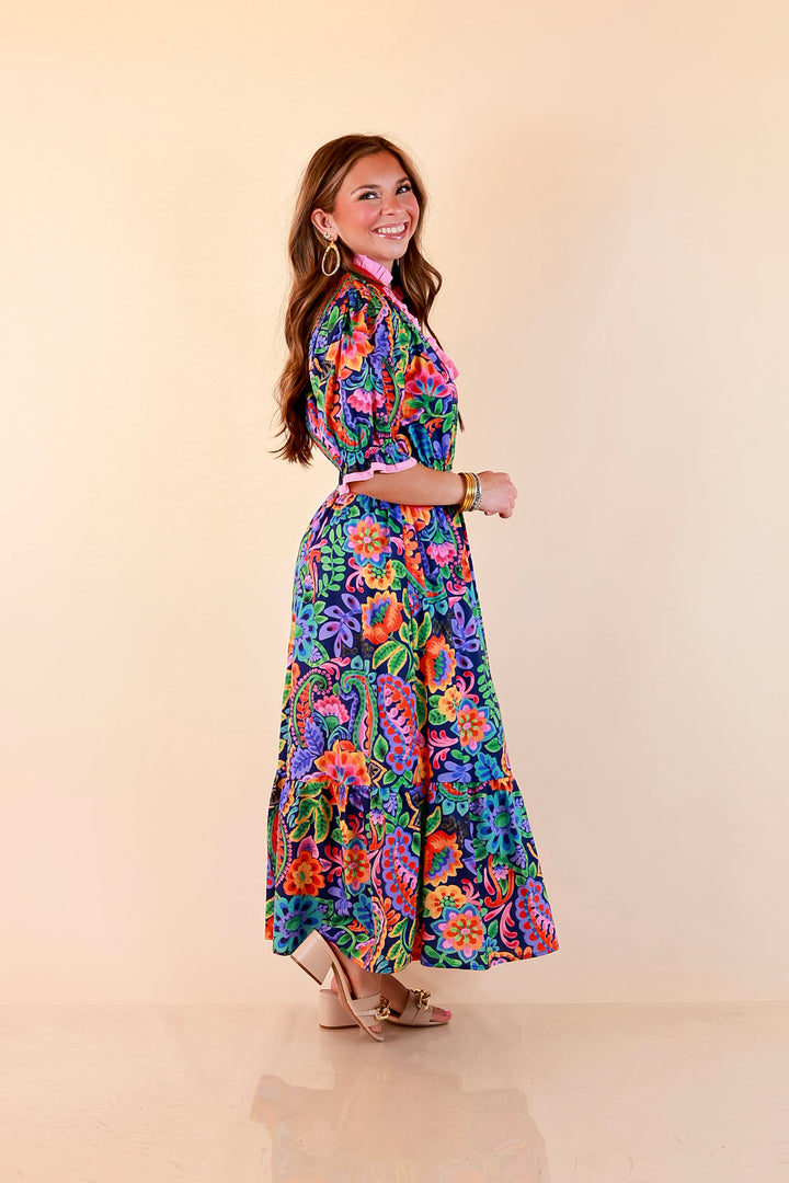 Gracefully Yours Floral and Paisley Print Midi Dress with Contrast Ruffle Trim in Navy Blue